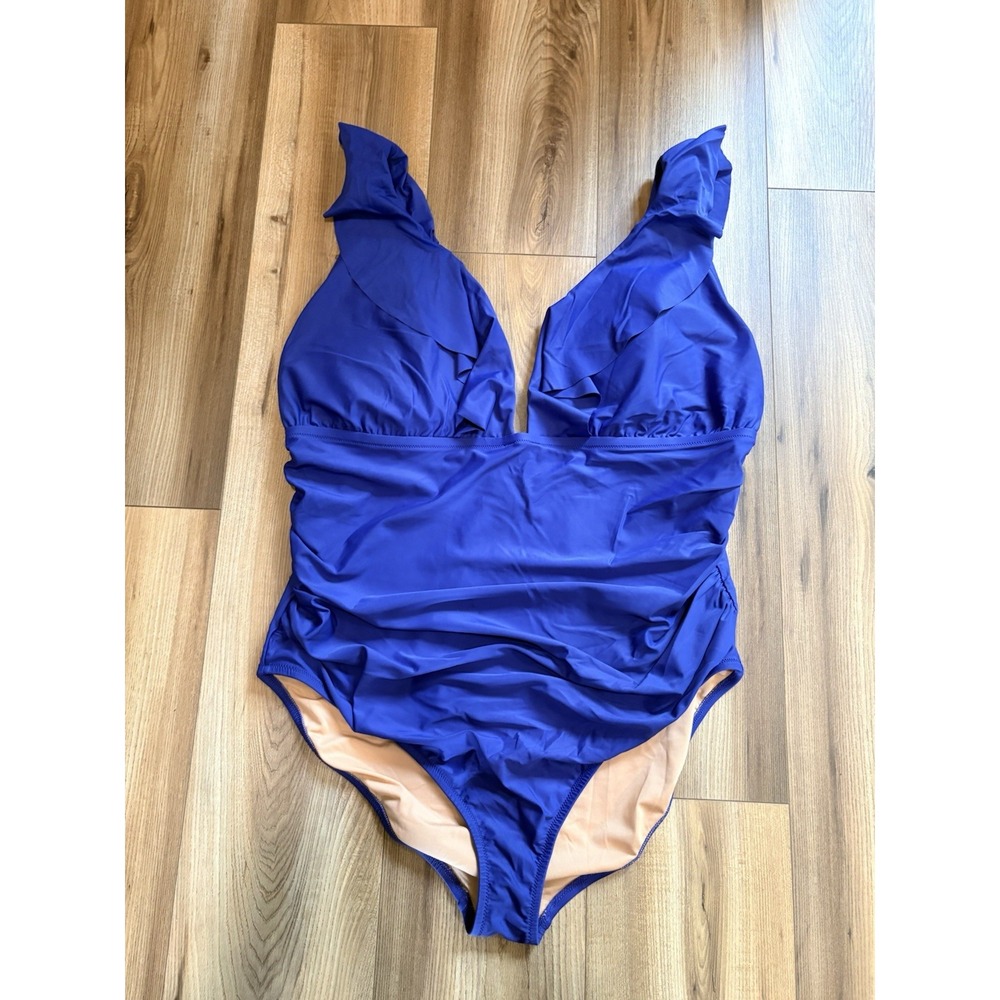 J. Crew One Piece Swim Suit Bathing Suit Women's 24 Blue Ruffles V-neck Lined
